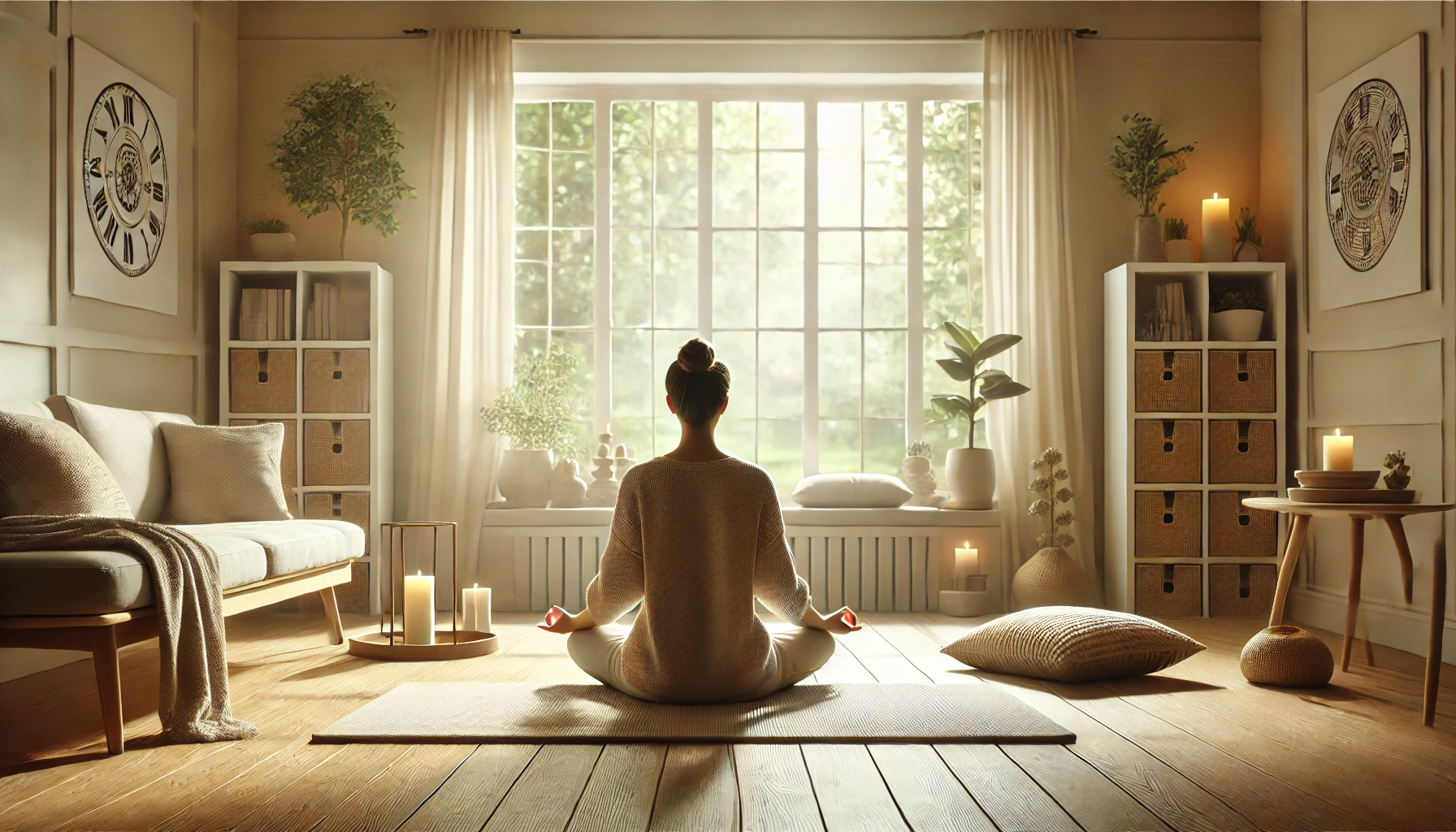 2. - A high-definition, 8K quality image inspired by Unsplash of a serene meditation scene. The setting is a peaceful, minimalist room with soft natural li