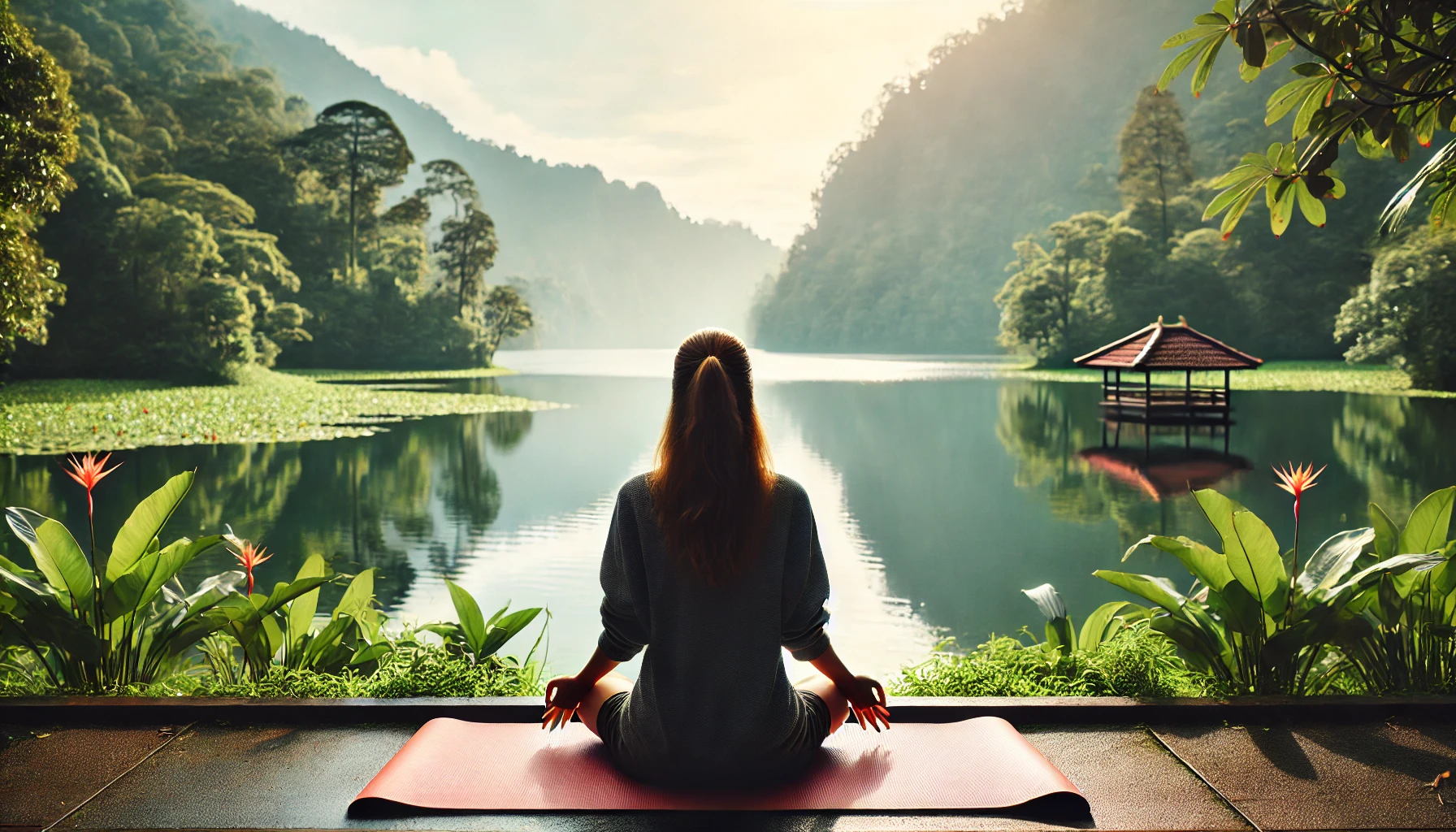 4. - A high-definition, 8K quality image inspired by Unsplash of a serene meditation scene. The setting is an outdoor location with lush greenery and a cal